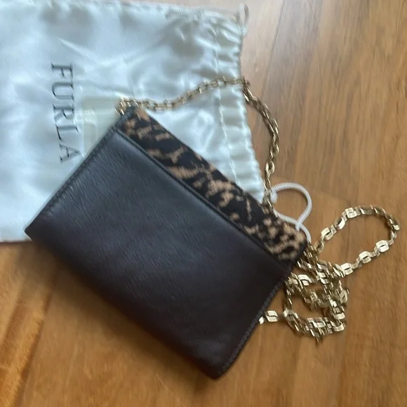 Furla brown crossbody mini wallet bag with gold chain